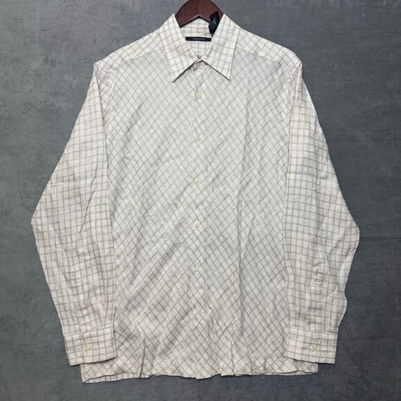 Claiborne Men's Long Sleeve Linen Button-Up Shirt Off-White Beige Checkered - Picture 1 of 5